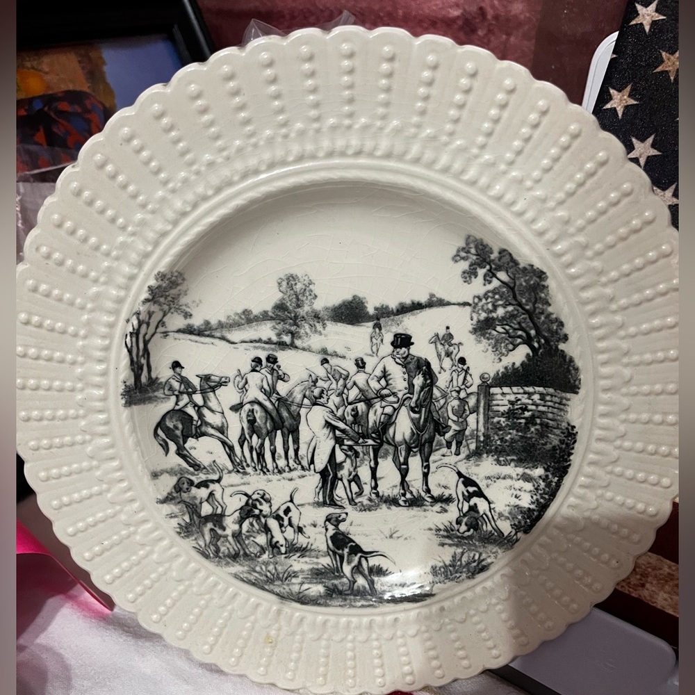 Decorative White Plate with Black Hunting Scene